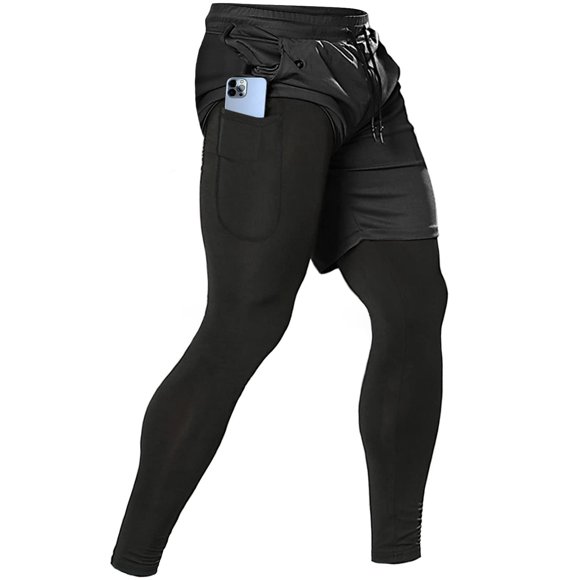 Men's 2 in 1 Running Pants, Gym Workout Compression Pants for Men Training Athletic Pants Black
