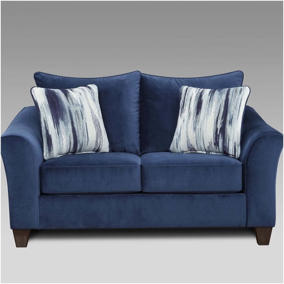 Navy Blue Camero Fabric Pillowback Loveseat with Throw Pillows, Modern Polyester Upholstery