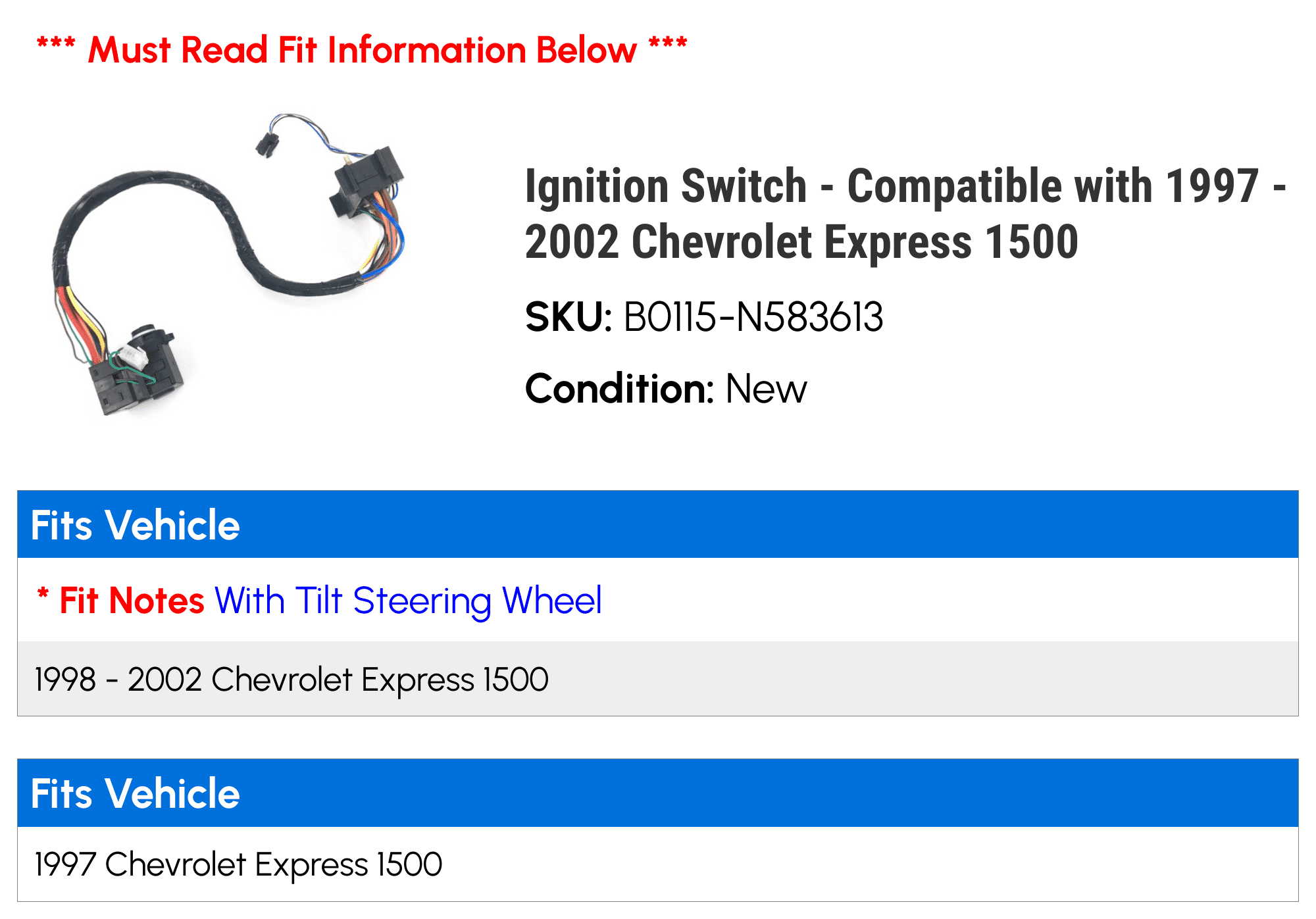 Ignition Switch - Compatible with 1997 - 2002 Chevy Express 1500 1998 1999 2000 2001