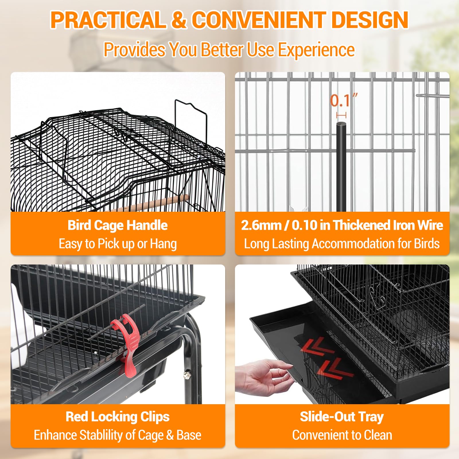 Litake Birdcage, Playtop Parrot Cage, Wrought Iron Bird Cage with Rolling Stand, Heavy-Duty Pet Bird House with Storage Shelf, Playtop Parrot Cages Heavy-Duty Pet Birds House Black