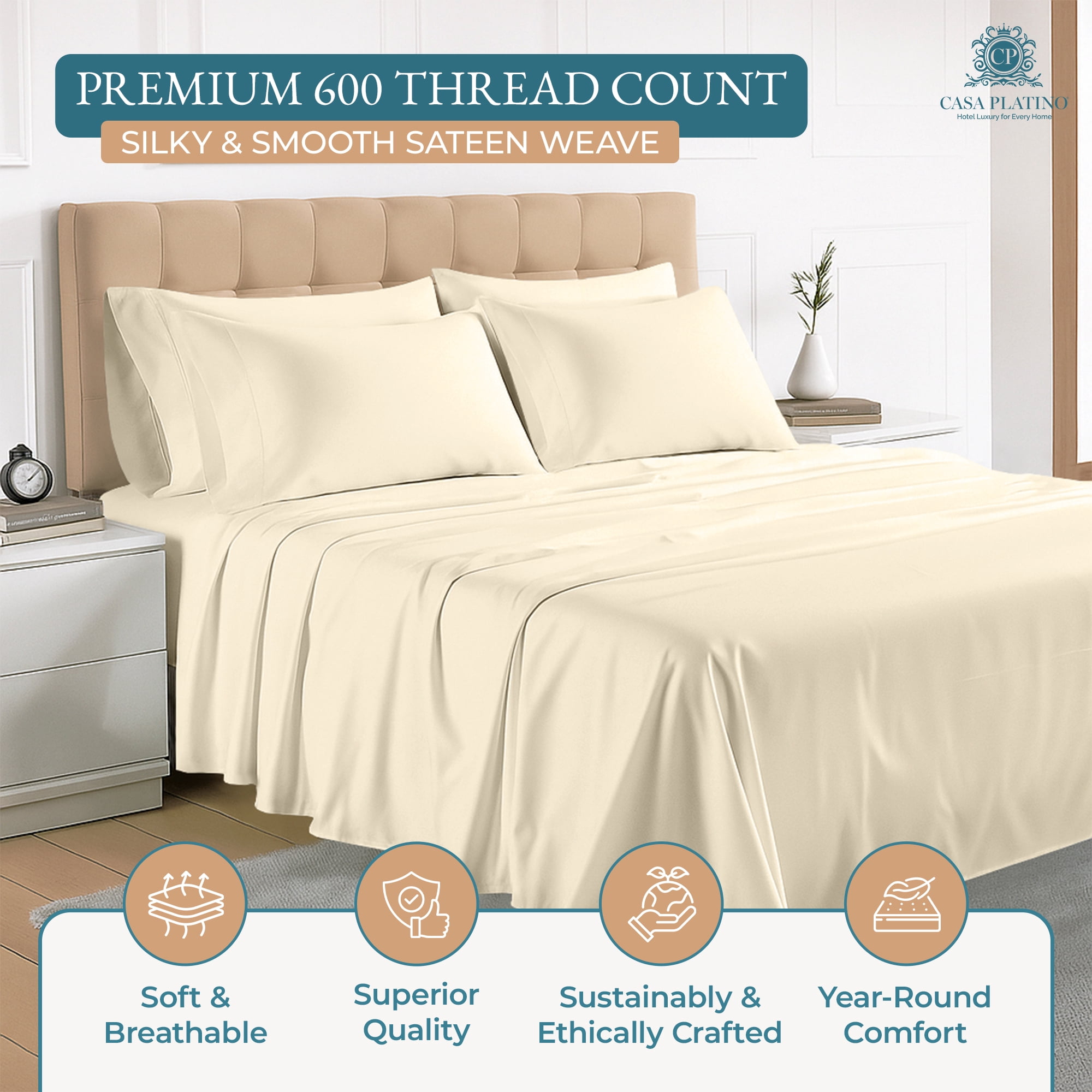 100% Cotton Sheet Set – 600 Thread Count Queen Bed Sheets, Luxuriously Soft Sateen Sheet for Everyday Comfort, Snug Fit 15" Deep Pocket, 2 Additional Pillowcases – Ivory
