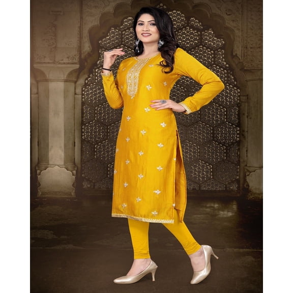 PF THE FASHION TRENDZ Women's Yoke Design Embroidered Kurta , Mustard Yellow, Traditional Ethnic Wear (in, Alpha, XS, Regular, Musturd Yellow)