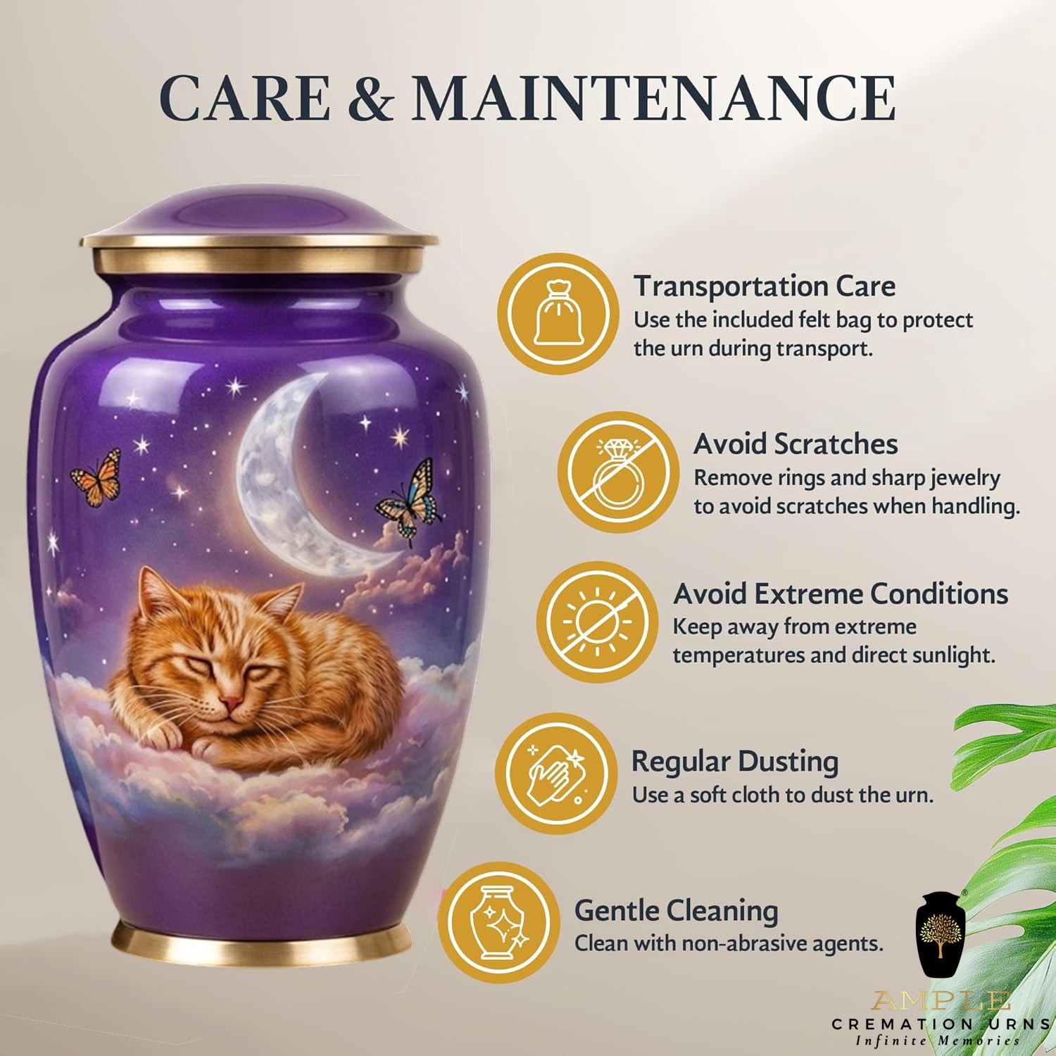 Purple Cat Cremation Urn – Pet Memorial Urn with Moon & Stars Design 10 inch premium