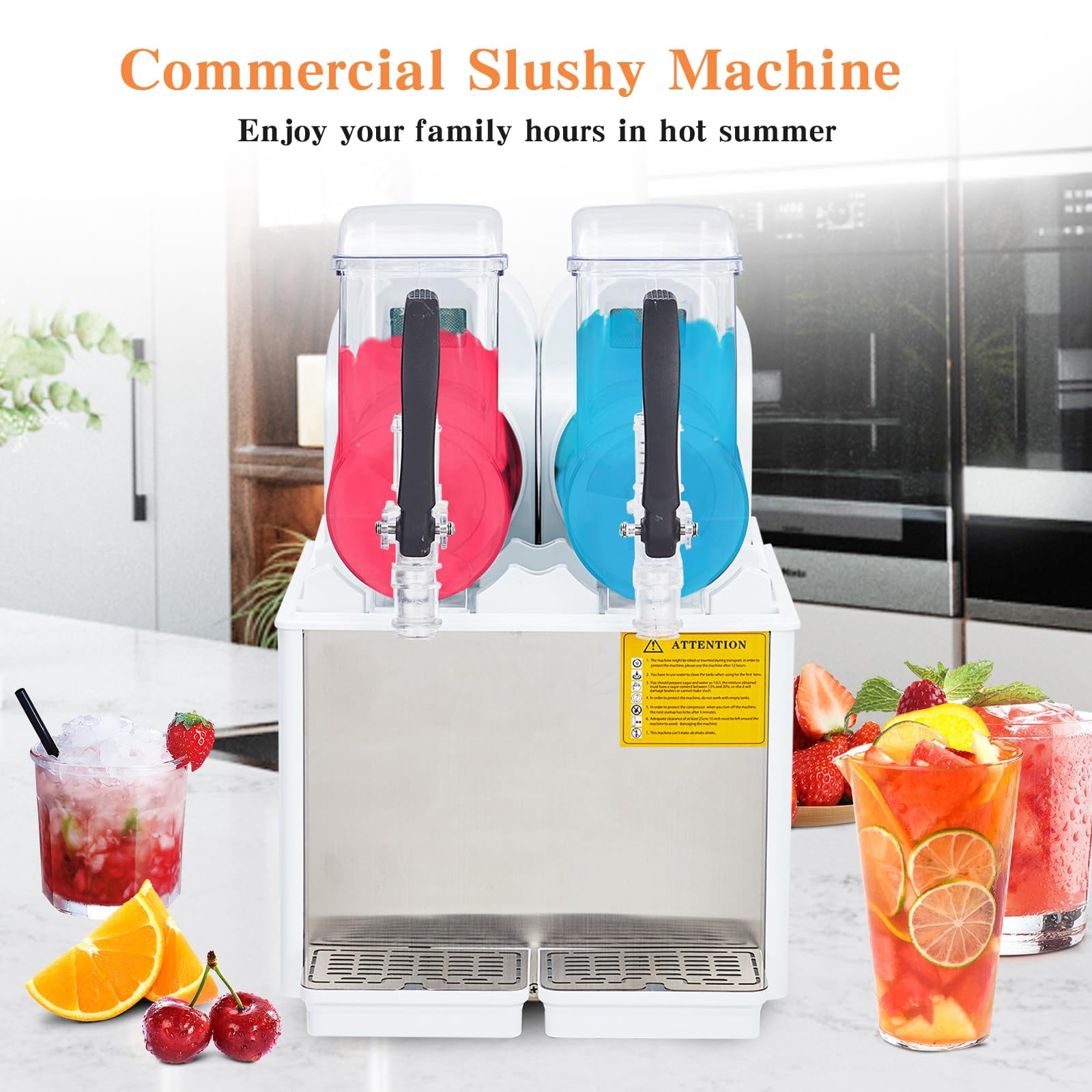 JustSmart 4L x 2 High-Speed Dual Tank Slushie Machine, Stainless Steel, Self-Cleaning, for Frozen Drinks, Bars, Restaurants, Home, 370W, Carbon Steel Handle, White