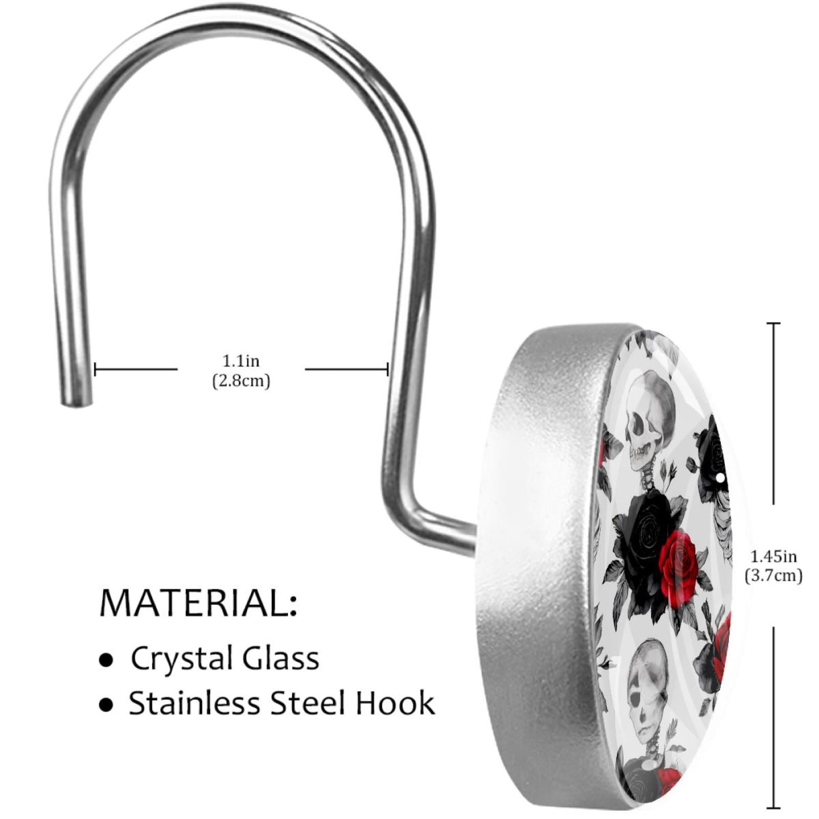 Skeleton Red and Black Roses Shower Curtain Hooks Round Crystal Glass, Set of 12 Shower Curtain Rings - Shower Hooks for Curtain Shower Rings