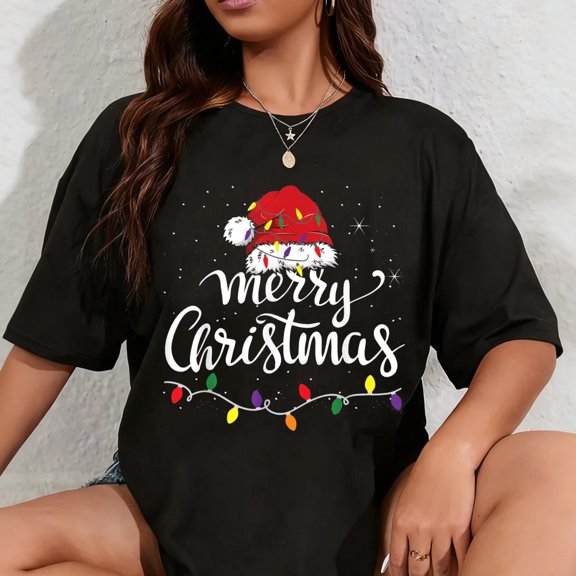100% Cotton Merry Christmas Lights Red Santa Hat Xmas Family Men Women T-Shirt