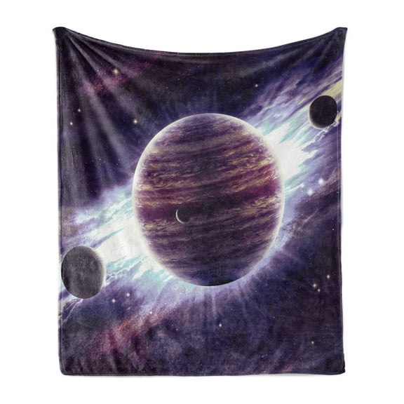 Galaxy Soft Flannel Fleece Blanket, Outer Space Theme Planets Saturn Mars Neptune Science Fiction Solar Scene Artprint, Cozy Plush for Indoor and Outdoor Use, 70" x 90", Mauve Purple, by Ambesonne