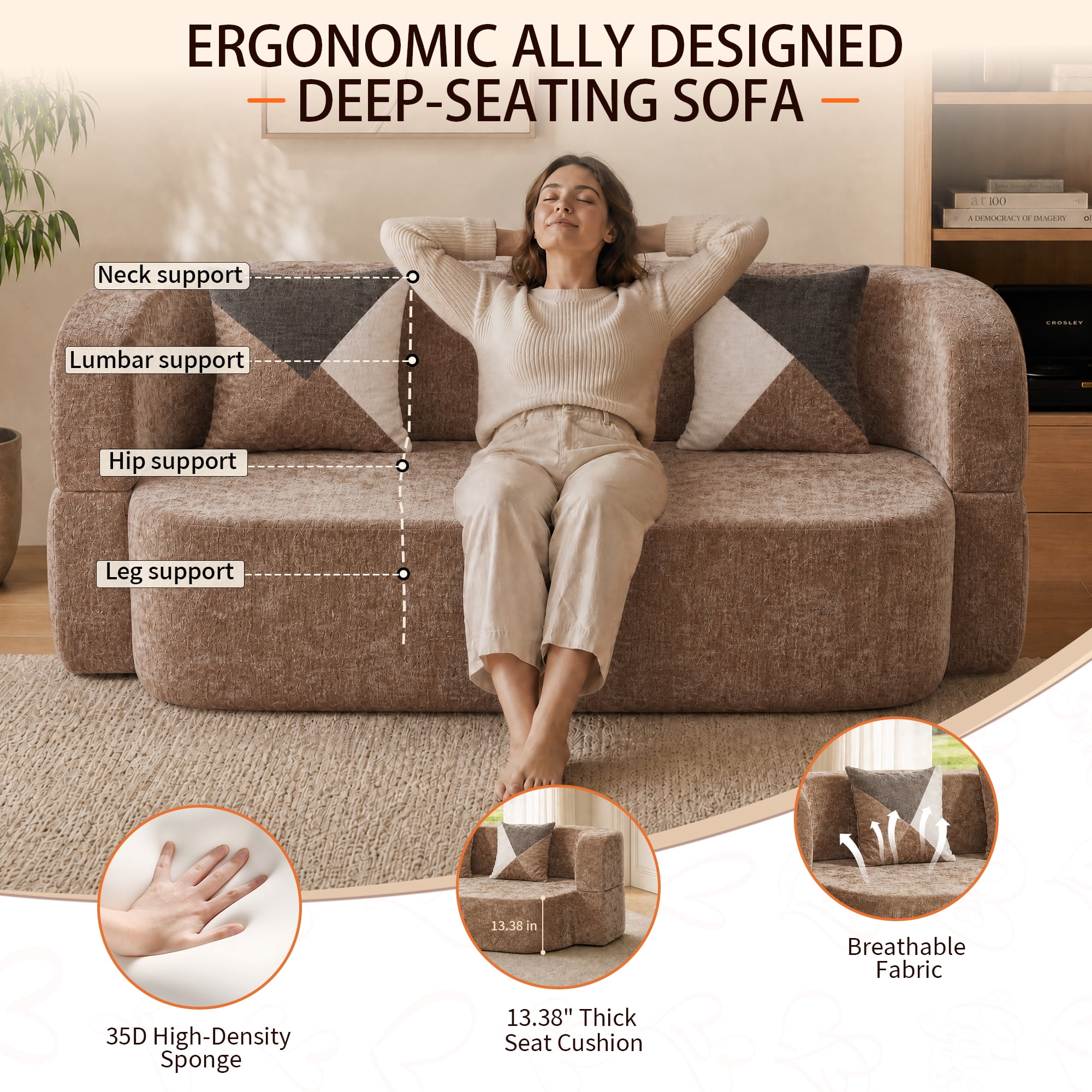78.74"W Eggshell Convertible Sofa,Floor Couch,Sleeper Sofa Bed,No Assembly High-Density Sponge Loveseat with 2 Pillows for Living Room, Apartment,Small Spaces,Taupe Beige