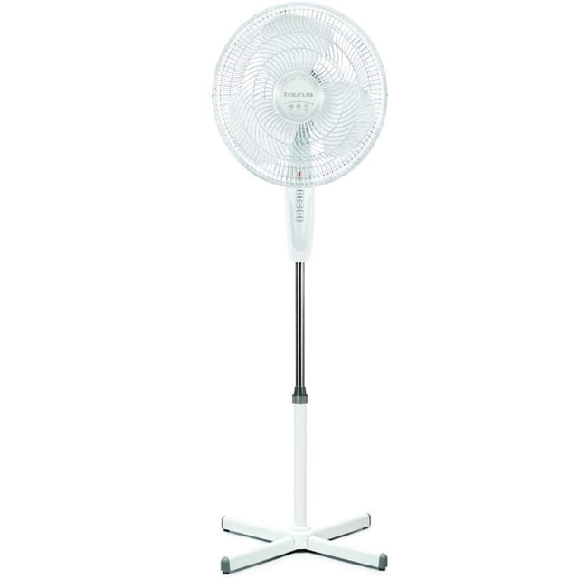 ventilador de pedestal 16 pulgadas taurus austros ventilador de pedestal blanco con rejilla plástica ECOJET patentada de 16" y amplia oscilación; vista frontal centrada, cabezal con aspas visibles, panel de tres velocidades con luz nocturna, tubo ajustable y base en cruz, altura regulable hasta 1.30 m; también suele usarse para ventilación localizada en talleres o bodegas pequeñas.