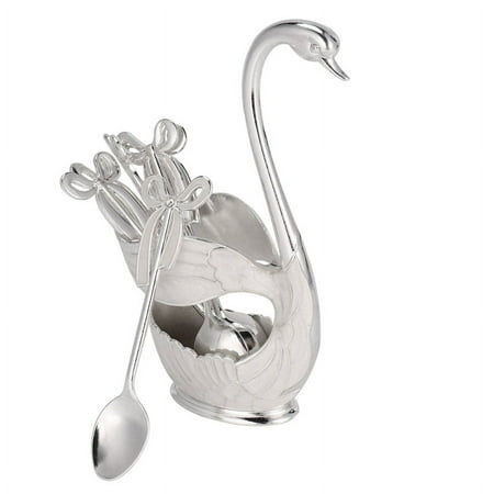 

Dinnerware Set Zinc Fruit Cake Fork Coffee Tea Spoon Swan Holder Cutlery Set 1XSwan Holder+ 6XSpoons Silver