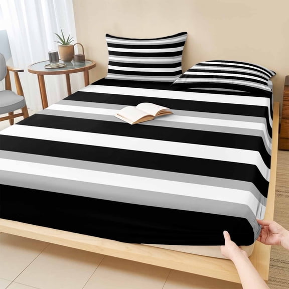 Twin XL Size Fitted Sheet Set - Black Grey White Stripe 2 Piece Bedding Sets 16" Deep Pocket Fitted Sheet with 1 Pillowcases, Farmhouse Modern Art Striped Brushed Microfiber Hotel Luxury Bed Sheets