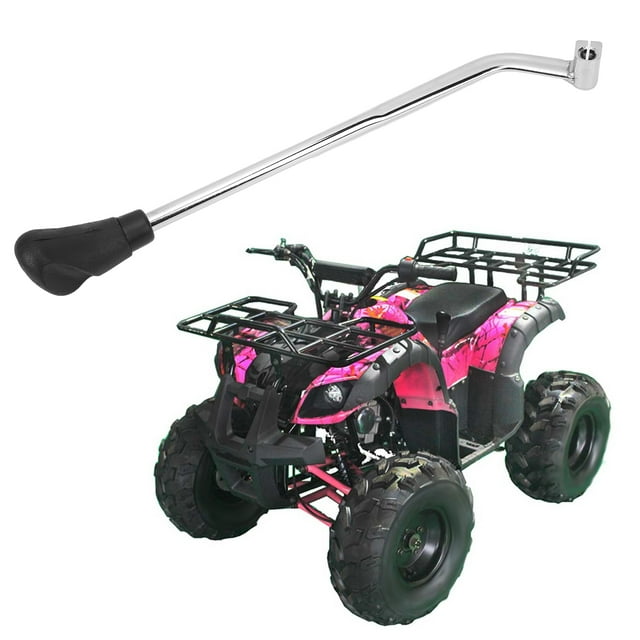 palanca de cambios manual horizontal higoodz para atv 50cc 70cc 90cc 110cc 125cc palanca metálica cromada con ligera curvatura, aprox. 88 mm hasta el casquillo, mango negro visible; primer plano sobre fondo blanco con un cuatrimoto rosa en segundo plano para contexto de uso, adecuada como reemplazo de palancas desgastadas.