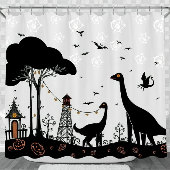 Whimsical Halloween Shower Curtain - Spooky Dinosaurs, Bats & Pumpkins