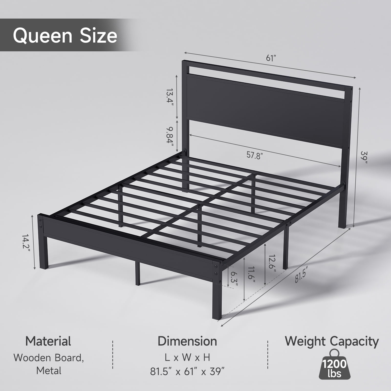 Z-HOM Queen Size Metal Platform Bed Frame with Wooden Headboard and Footboard,Black