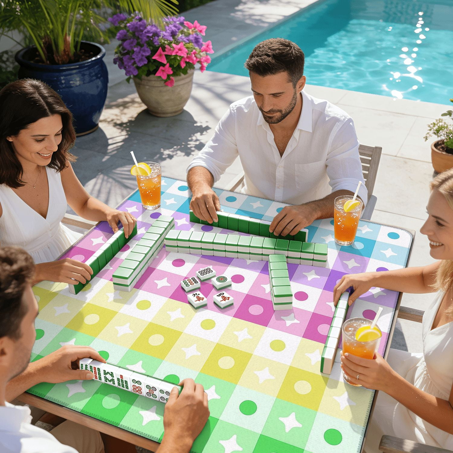 Mahjong Mat 31.5" x 31.5" Pastel Rainbow Stars Circles Design Non-Slip Noise Reduction American Mahjong Tiles Table Cover for Dominoes Poker Card Board Games Gift