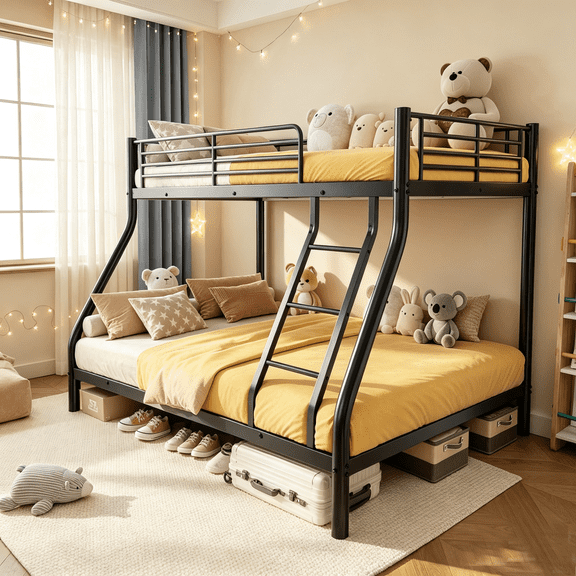 Netrum Twin over Full Bunk Bed for Teens Adults,Heavy Duty Metal Bunk Beds Frame with Ladder,Twin Full Size Bed Bunk Bed with Safe Guardrail for Small Rome,Black
