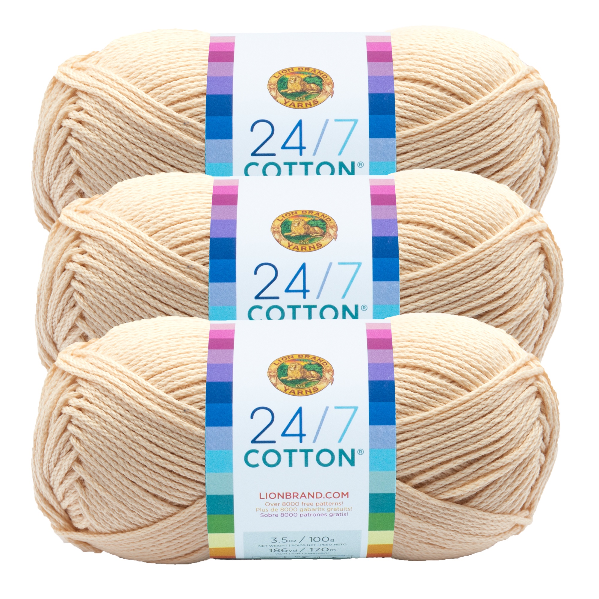 Lion Brand 24/7 Cotton Yarn Ecru, 3-Pack photo 1