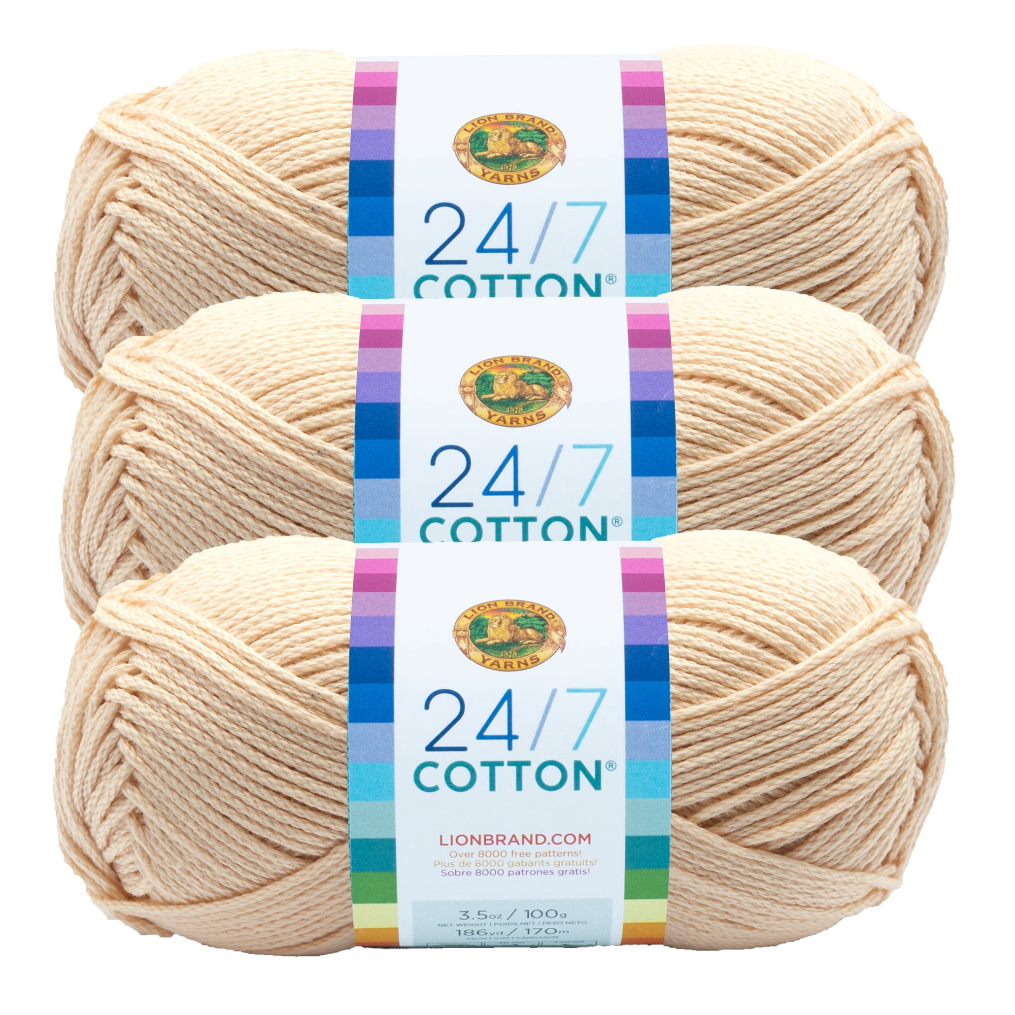 Lion Brand Yarn 24/7 Cotton Ecru Medium Mercerized Cotton Yarn 3 Pack