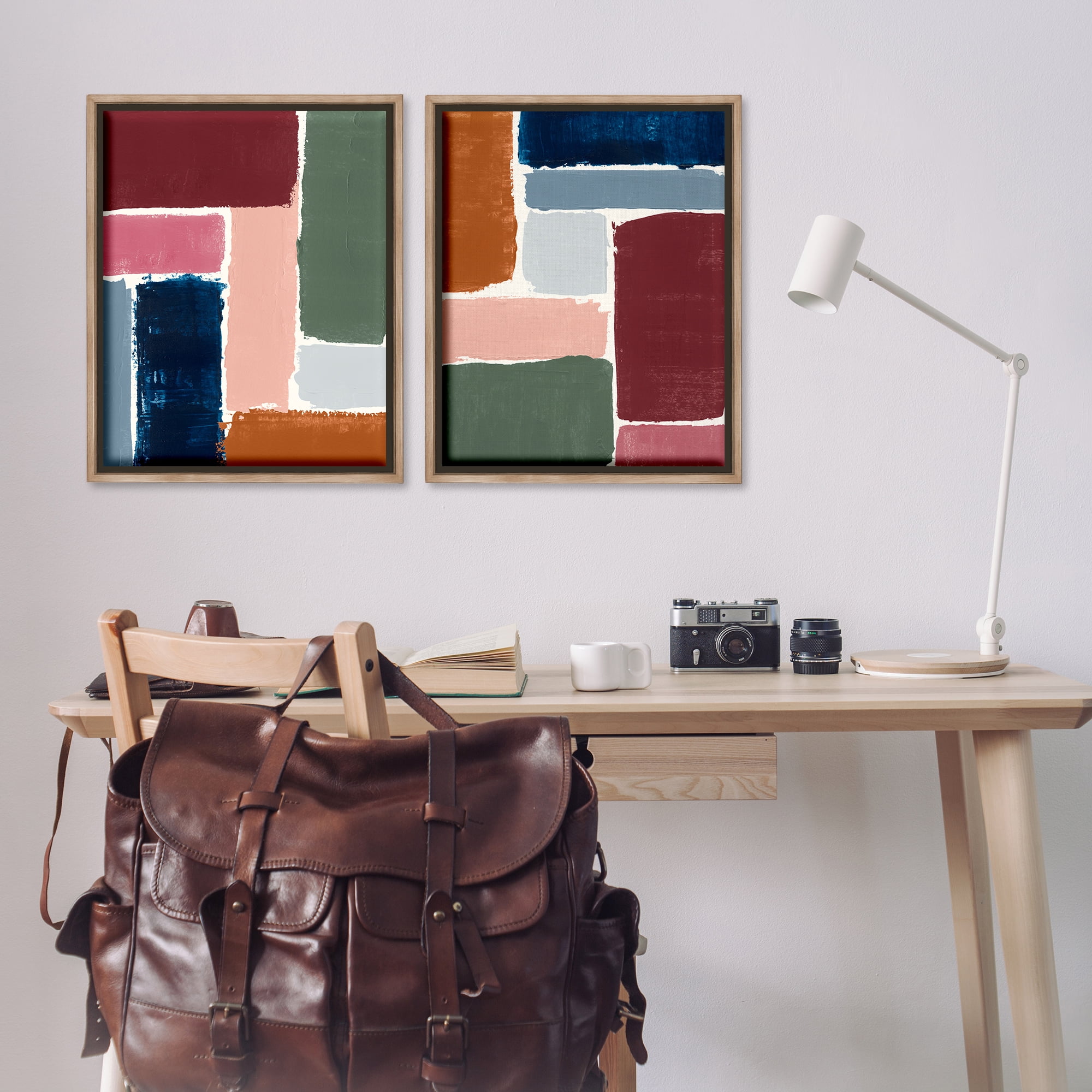 Stupell Industries Abstract Modular Color Block Abstract Painting Brown Floater Framed Canvas Art Print Wall Art, 31 x 25, Set of 2