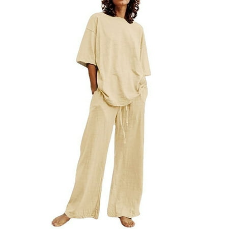 

YanHoo Women s 2 Piece Outfits Set Linen Oversized Lounge Trendy Suits Short Sleeve Round Neck T-Shirt and Pants with Pockets