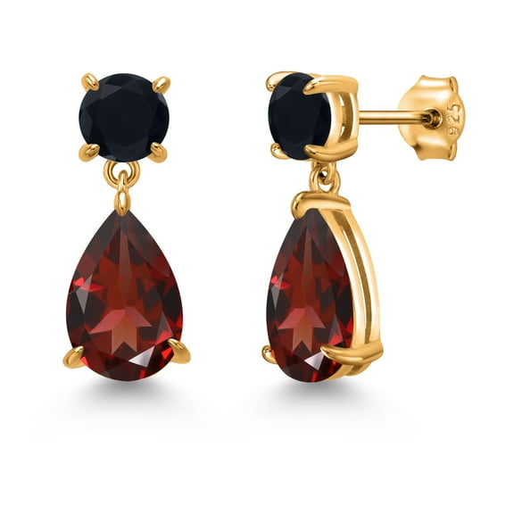 Gem Stone King 18K Yellow Gold Plated Silver Red Garnet and Black Onyx Earrings for Women | 7.94 Cttw | Gemstone January Birthstone | Pear Shape 12X8MM