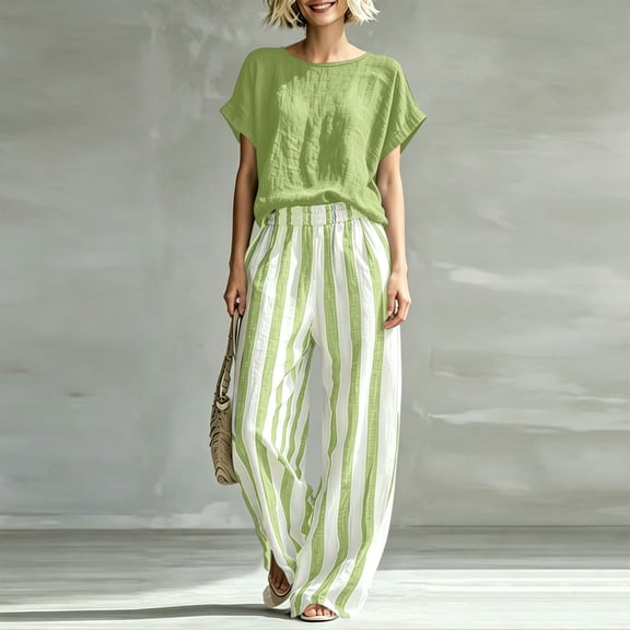 Maqroz Women 2 Piece Outfits Sets Summer Solid Crew Neck Short Sleeve Top and Striped Pants Set Elastic Waist Pockets Casual Vacation Travel Sets Green XL