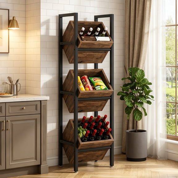 Fnova 51.1" 3 - Tier Industrial Storage Shelf with Wooden Baskets, Freestanding Organizer for Wine Bottles, Kitchen, Cellar
