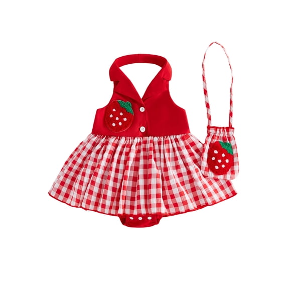 RUINIXCW Newborn Baby Girl Summer Strawberry Dress with Bag Set Infant Embroidery Red Plaid Lapel V Neck Sleeveless Backless Birthday Romper Dress