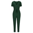 thumbnail image 3 of Abomasnow Jumpsuits for Women Casual Summer Short Sleeve V Neck Drawstring Waist Long Pants One Piece Rompers with Pockets, 3 of 5