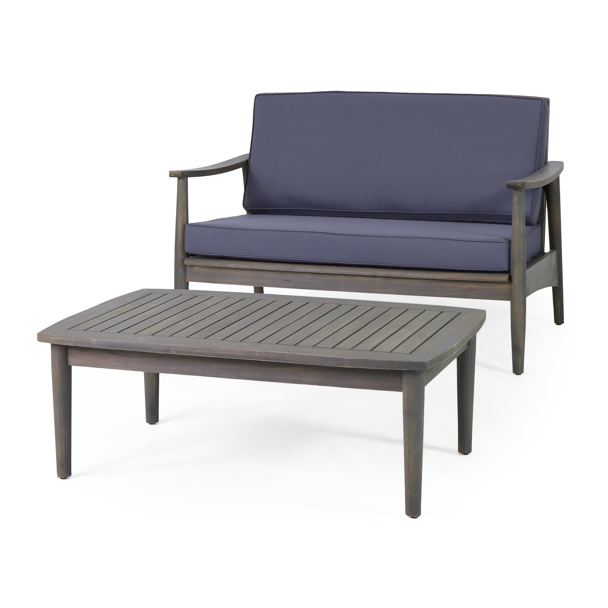 Outdoor Double Sofa and Coffee Table Leisure Combination Set, Acacia Wood Conversation Furniture for Patio Garden, Dark Gray