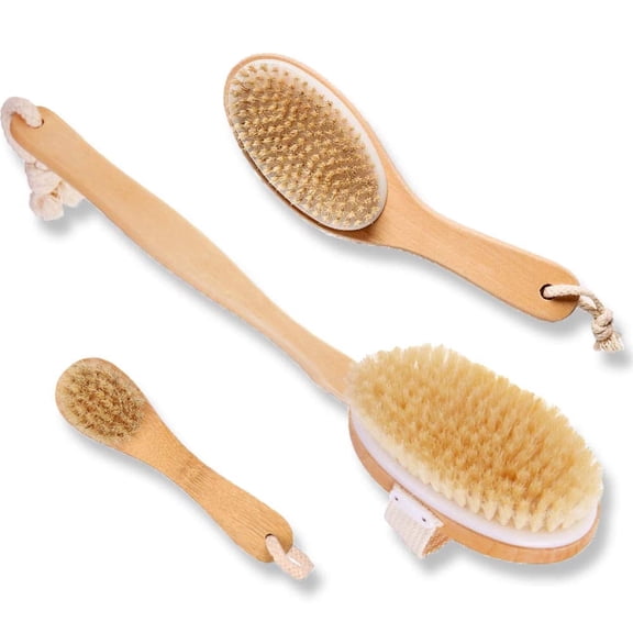 3 Set Body Brush Long Wooden Dry Bath Back with Contour Handle Natural Bristle and Facial