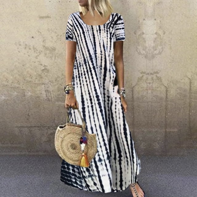 SMihono Robe Maxi Bohème d'Été pour Femmes Grande Taille Imprimé Teinture sur Nœuds Évasée Décontractée Robe d'Été Florale à Manches Courtes Femmes Robe pour Femmes Robe Mini Robe de Plage Évasée Robe d'Été