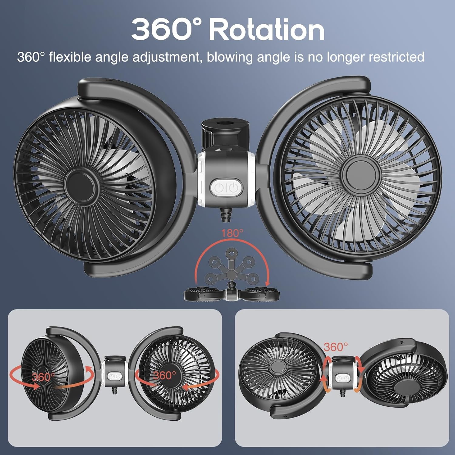Dual Head Car Fan, USB Cooling Fans for Backseat, 360° Rotatable Car Seat Headrest Fan for Kids Dog Rear Facing, 3-Speed Separate Controlled Car Backseat Fan Air Circulation for Vehicle SUV RV Trunk