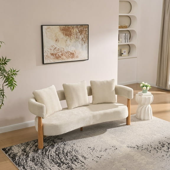 Christopher Knight Home 76.5" Modern Upholstered Sofa, Curved Design, 3-Seater Couch with Pillows, Beige