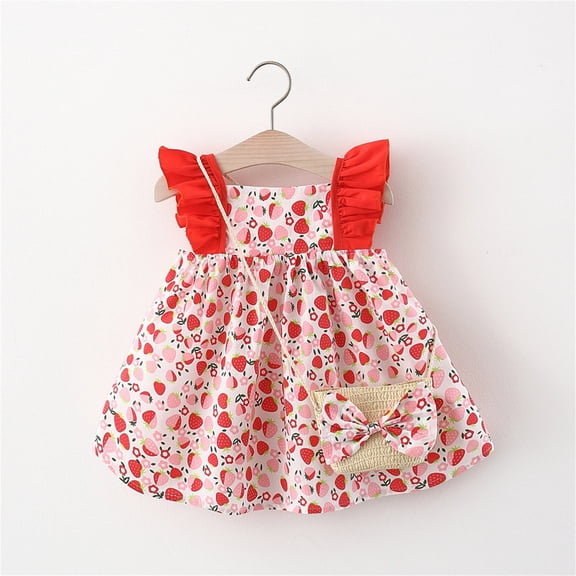 CUZIBR Baby Girls Floral Sundress Ruffles Sleeve Square Collar A-Line Floral Print Pleated Dress With Beach Bag Set Summer Dress Breathable Fashionable Outfits,Red,12-18 Months