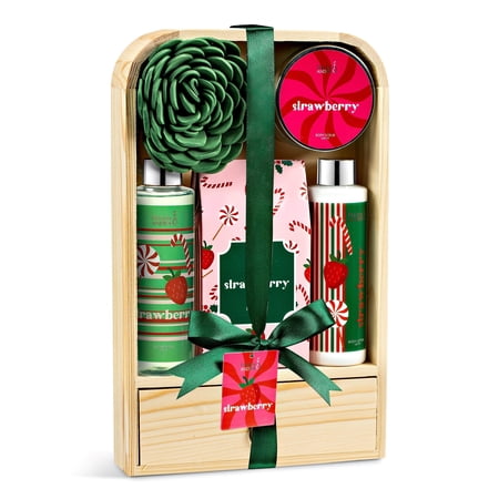 Strawberry Bath and Body Gift Set for Women and Men  Includes Shower Gel  Body Lotion  Body Scrub  Bath Salts  Spa Basket  Luxury Self-Care Kit Valentines Gift