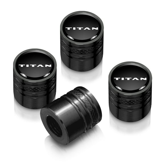 Nissan Titan in Black on Black Aluminum Cylinder-Style Tire Valve Stem Caps