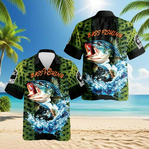 Fishing Bass Hawaiian Shirt for Men, Button Down Summer Beach Short Sleeve, Sizes S-5XL