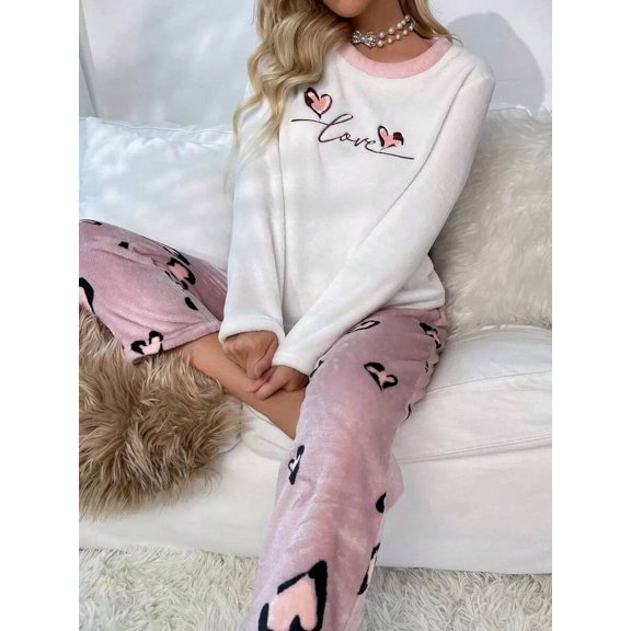 Womens Multicolor Heart Print Flannel Pajama Set, Long Sleeve Top & Pants