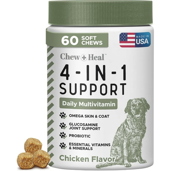 Chew   Heal All in 1 Dog Vitamin - 60 Soft Chew Treats - Chewable Dog Multivitamin with Probiotics, Digestive Enzymes, for Skin and Coat, Hip and Joint Support - with Omega, Calcium - Made in The USA