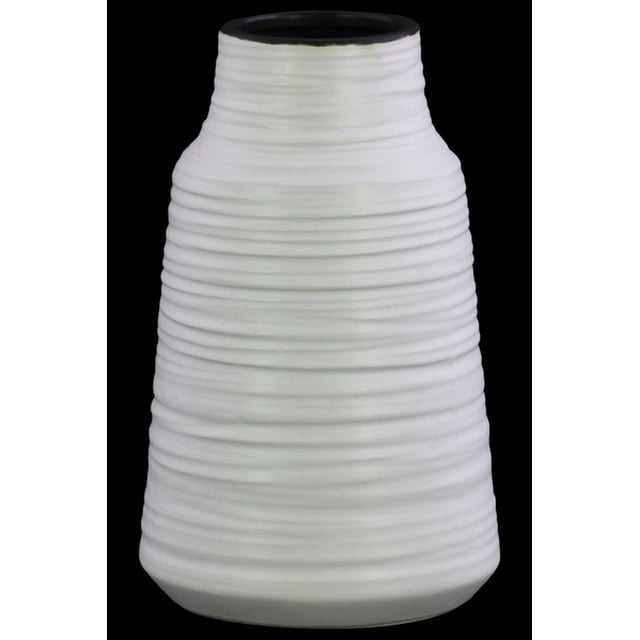 Vase Rond en Céramique avec Motif Peigné, Grand, Blanc