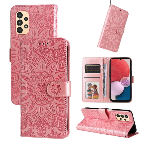 Wallet Case for Samsung Galaxy A14 5G, Exquisite Flower Embossed Pattern Magnetic Clasp PU Leather Flip Folio Cover with Kickstand Card Slots Holder Soft Silicone Shockproof Case,Rosegold