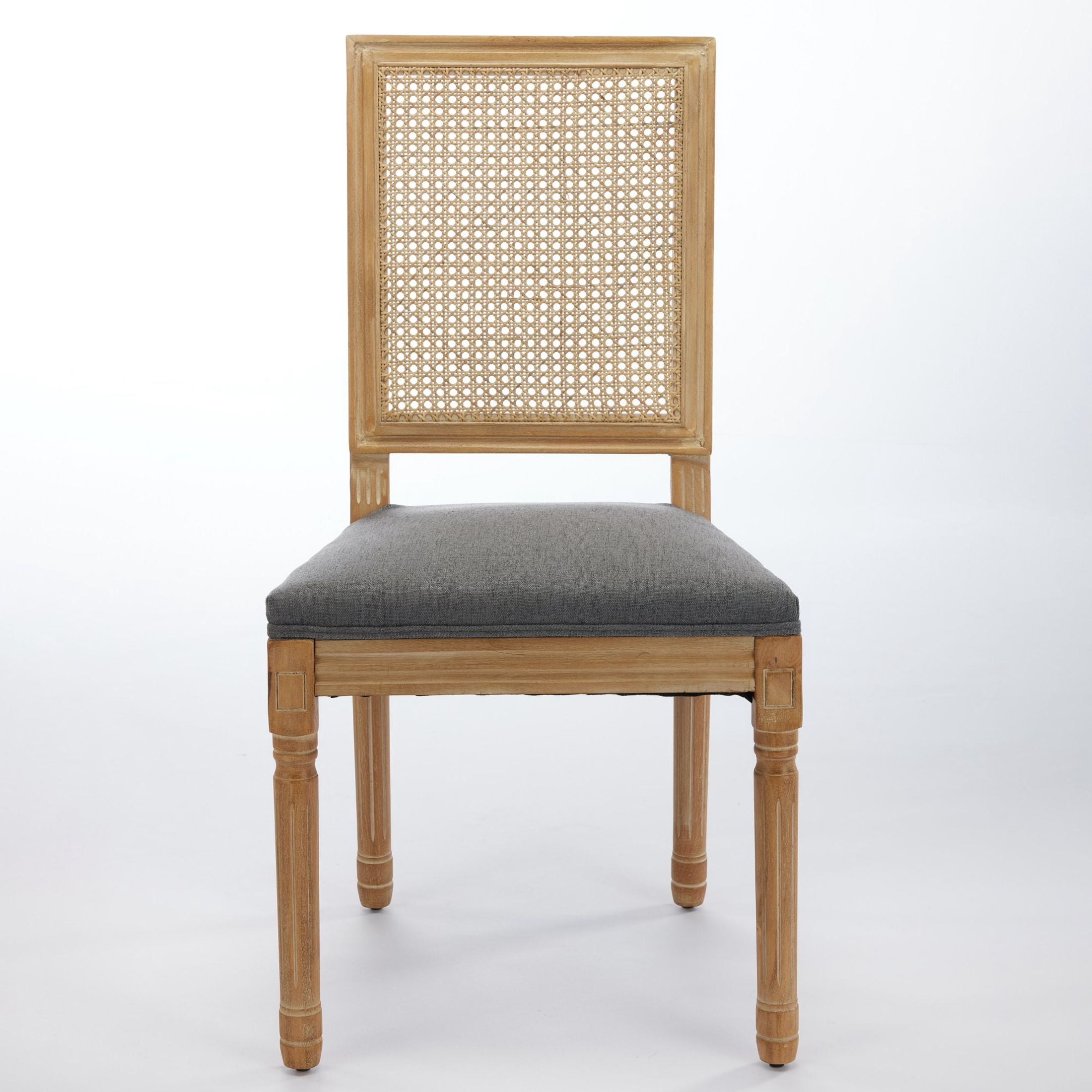 Noble House Set of 2 French Decor Dining Chairs, Rattan Backrest, Linen Fabric Seat, Gray