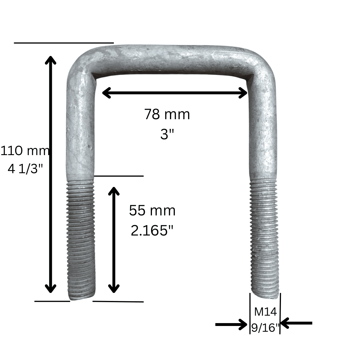4 TRAILER STEEL U-BOLTS 3" SQUARE AXLE SPRING M14 U-BOLT 9/16" X 4 1/3” 1000304