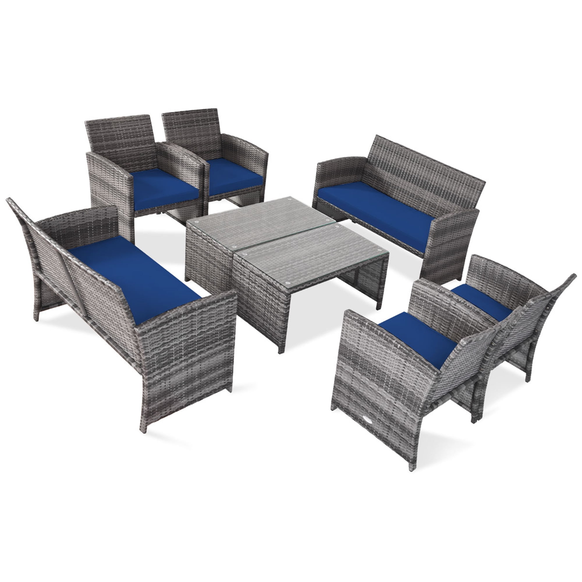 Gymax 8PCS Patio Outdoor Rattan Conversation Furniture Set w/ Navy Cushion