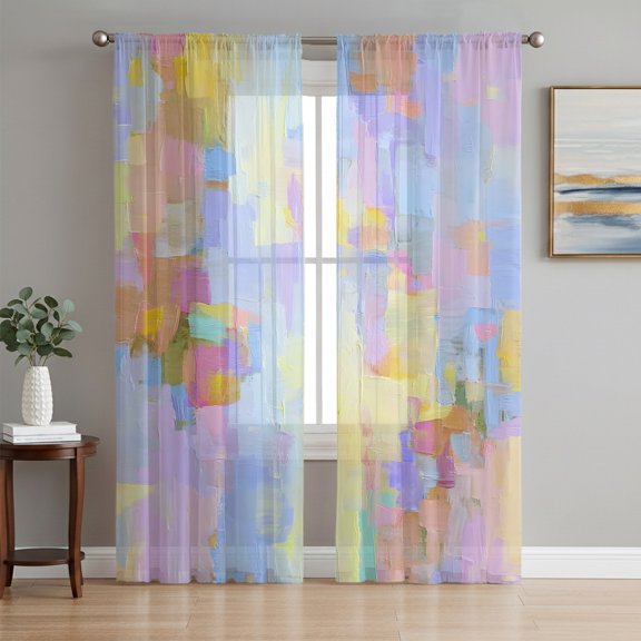 Blue Purple Oil Painting Sheer Curtains 84 Inch Length 2 Panels Set, Fantasy Gradient Vintage Voile Window Treatment Rod Pocket Curtains Sheers Drapes for Bedroom/Living Room/Kitchen 52"x84"x2