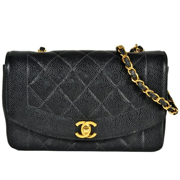 Pre-Owned CHANEL Diana 22 Single Flap Chain Shoulder Bag Caviar Skin A01164 Black Coco Mark...