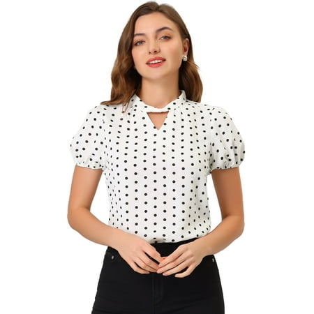 Women Polka Dot Blouses Tops Black Sashes Long Puff Sleeves White