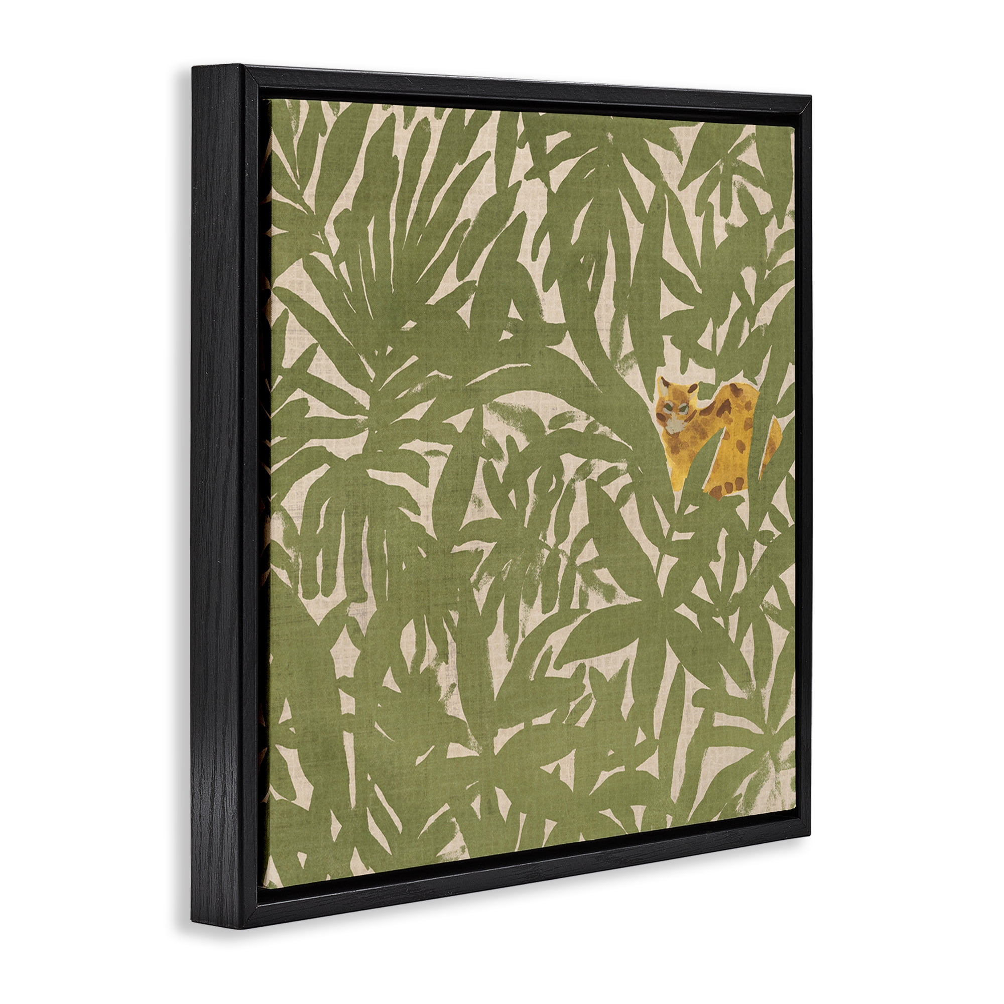 Stupell Industries Hiding Cheetah Palm Plants Botanical & Floral Painting Black Floater Framed Canvas Art Print Wall Art, 25 x 25
