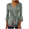 thumbnail image 1 of Pompotops Mode Femme Imprimé Bouton Décontracté Col en V Manches 3/4 T-Shirt Blouse Tops en Solde, 1 of 5